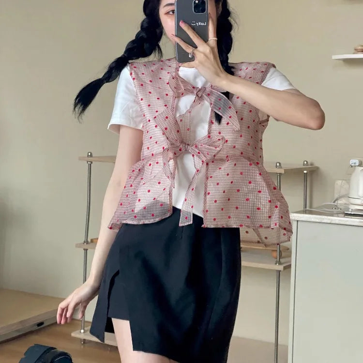 nvxiot - Polka Dot Gauze Tops Lace Bow Design Waistcoat White Short-sleeved T-shirt Fold Wear Tees Summer Sweet Fashion Camisas