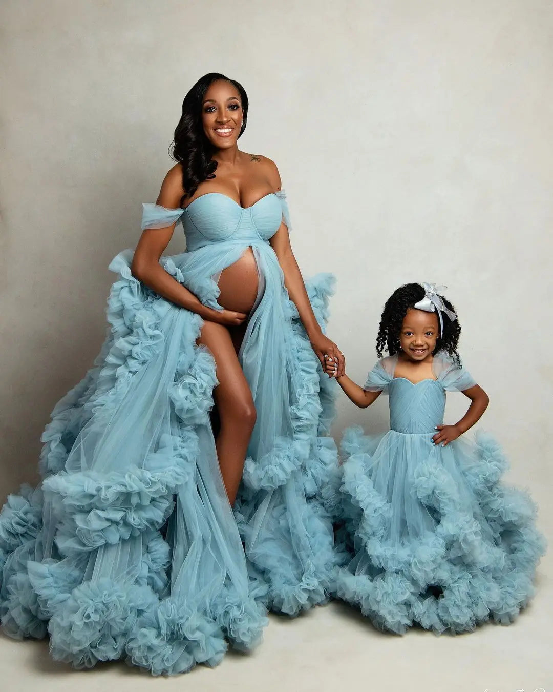 nvxiot - Blue Tulle Maternity Gown Mother and Daughter Photoshoot Dress Long Fluffy Pregnancy Ruffled Photography Dresses