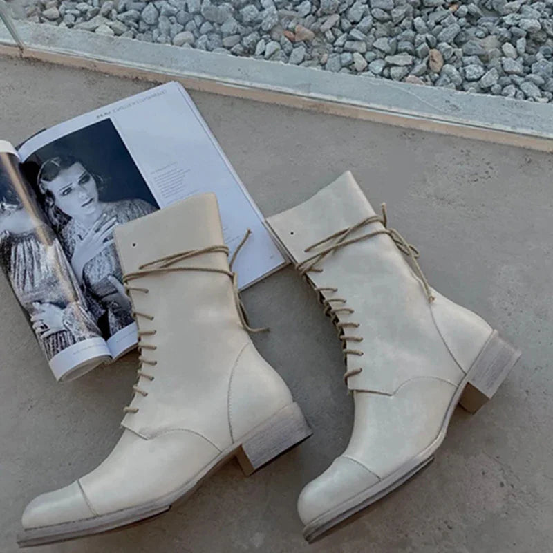 MQTIME - Fashion Ankle Boots Women Platform Leather Side Lace-Up Ladies Non-slip Thoes straps Handmade Ankle Boots for Women