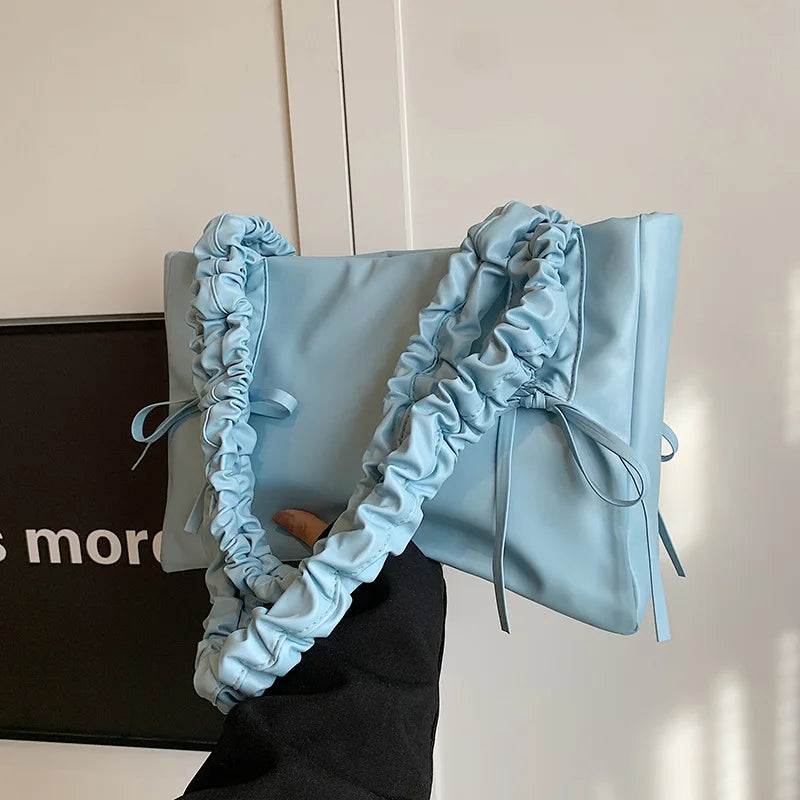 nvxiot - Pink Blue White Bow Pu Handbags Fashion Simple Big Capacity Casual Shoulder Bags For Women Trendy Daily Party Tote Handbags 2024