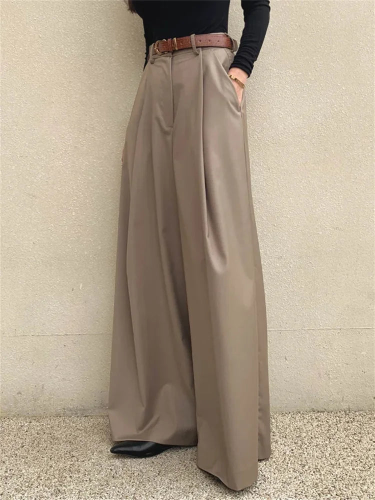 nvxiot - Korean Style Women Pleated Draped Trousers Chic High Waisted Loose Wide Leg Pants Office Ladies Solid Color Long Casual Pants