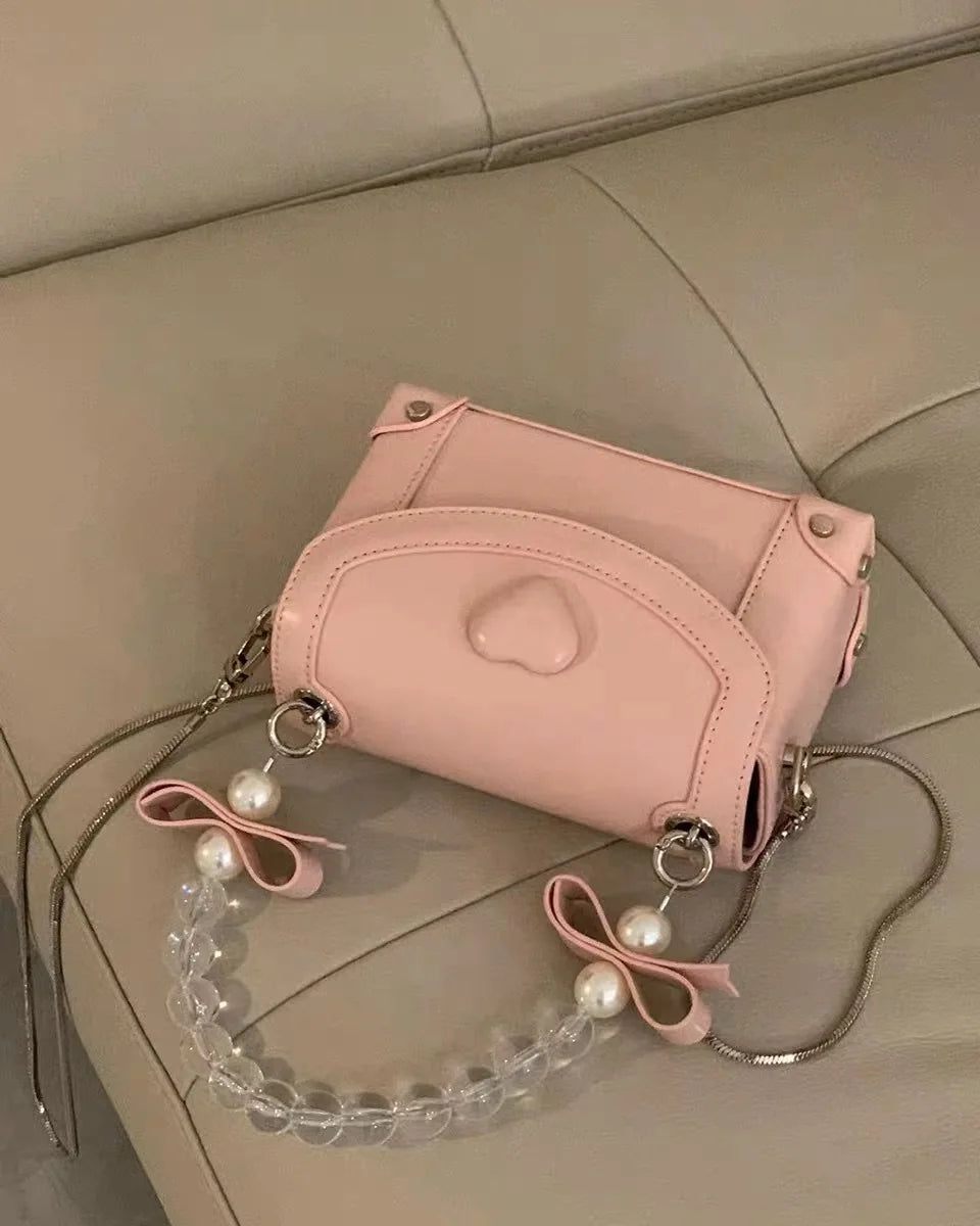 nvxiot - Sweet Pink Messenger Bag Women Fairycore Aesthetic Handle Pearl Chain Crossbody Bags Ladies Harajuku Heart Y2k Hand Bag