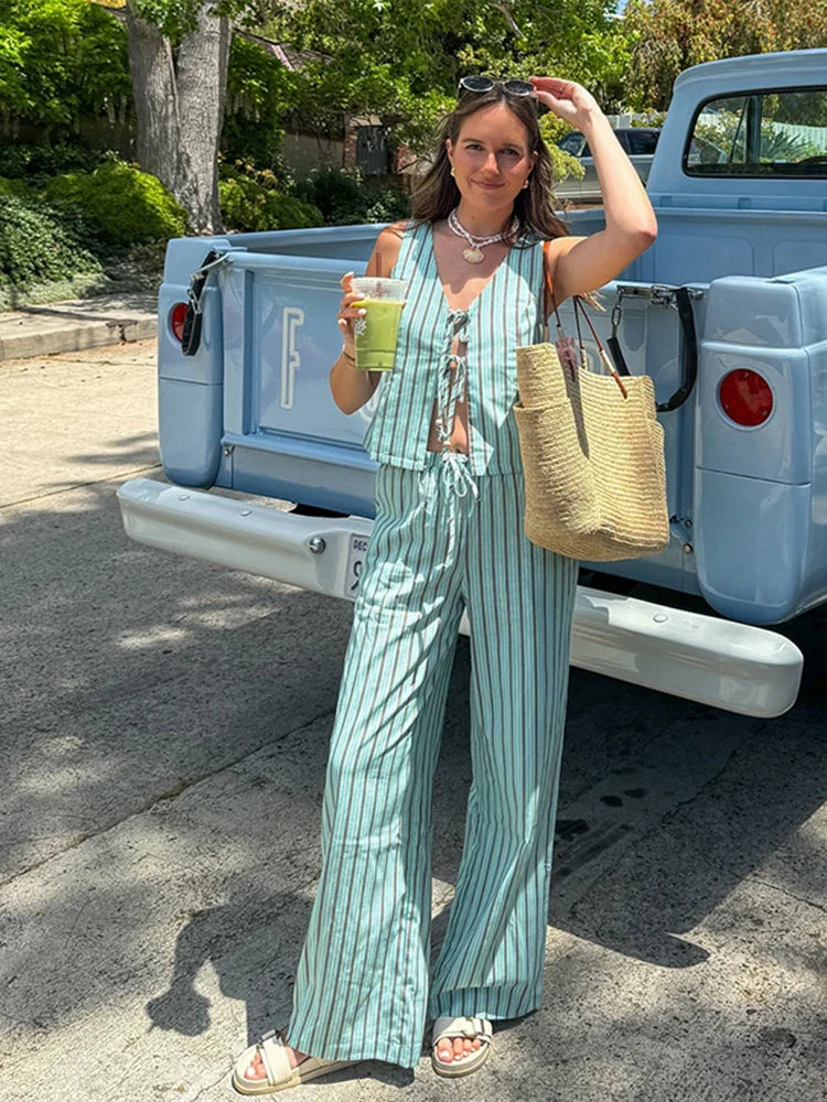 nvxiot - Striped Pants Suit Two-Piece Set 2024 Summer Lace Up Hollow V-neck Vest Drawstring Wide Leg Trousers Sets Fashion Lady Outfits