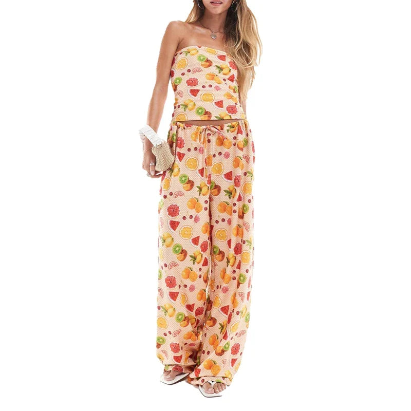 MQTIME - Fruit Print Strapless Tube Tops Summer 2 Piece Set Women Off Shoulder Backless Crop Tops + Pants Y2k Outfits Casual Loungewear