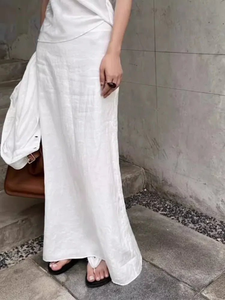 MQTIME - Vintage White Linen Maxi Skirt Straight Cotton High Waisted Split Casual Long Skirts for Women Office Lady Summer Skirt