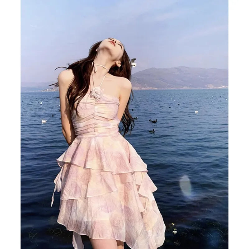 nvxiot Summer Pink Dresses for Women Backless Chic Sling Ruffled Temperament Sexy Fashion Suspender Simple Y2K Elegant New Dresses