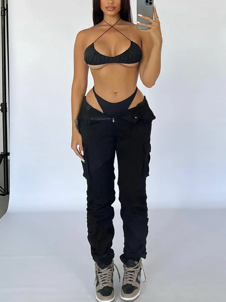 nvxiot - Straight Leg Cargo Pants Women High Waist Casual Pants Slim Vintage Y2k Streetwear Stretch Wide Leg Trousers Fashion Jeans