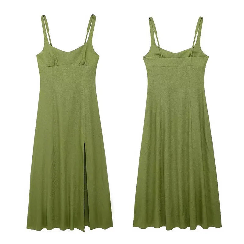 nvxiot - Square Neck Green Sling Long Dresses Women Elegant Front Split Sleeveless Sexy Dress Female Summer Vintage Holiday Robes