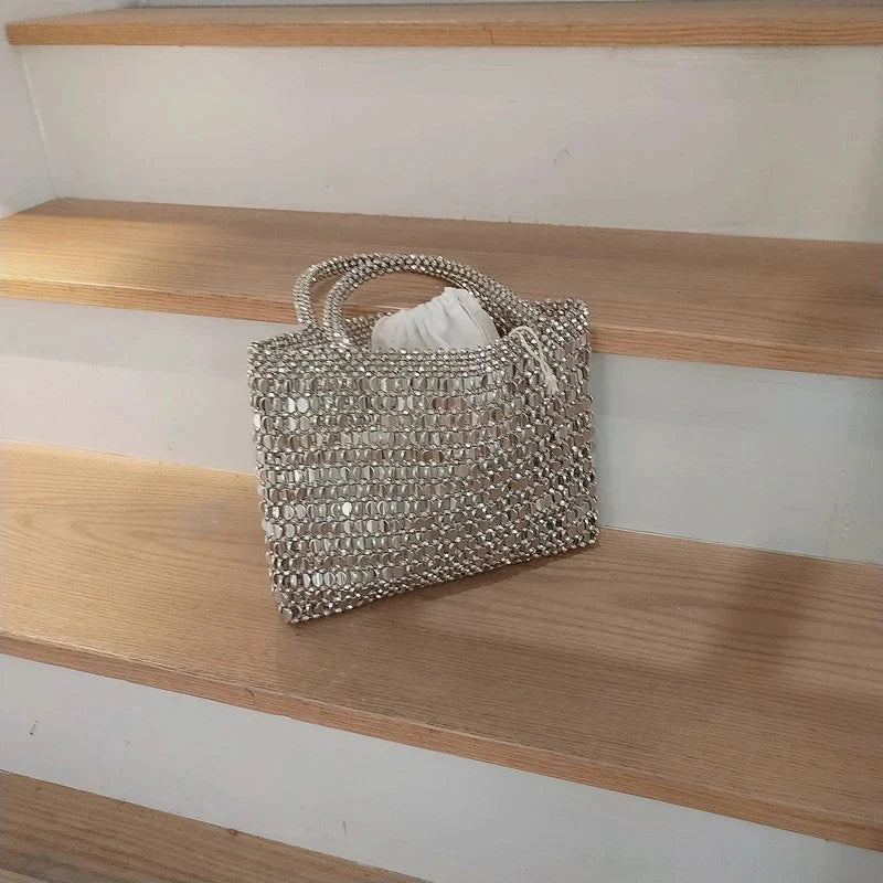 nvxiot - Vintage Handmade Ladies Handbag Weave Beaded Fashion Silver Color Shining Sequin Shoulder Bag Clutches Womens Party Handbag