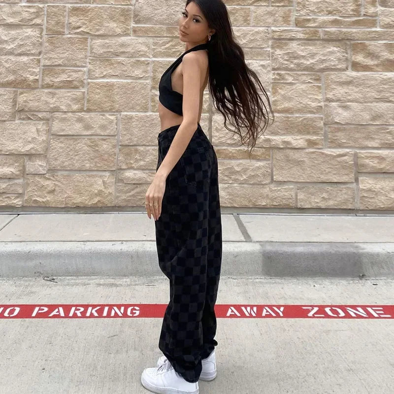 nvxiot - Plaid Punk Gothic Grunge Pants Hip Hop Wide Leg High Waist Women Trouser Black Loose Fashion Streetwear E Girl Pants Autumn