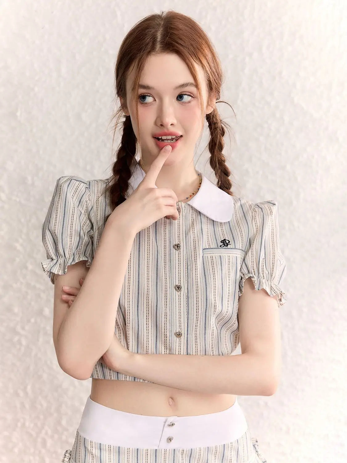 MQTIME - Stripe Turn-down Collar Blouse Preppy Style High Waisted Lace Up Long Skirts Korean Fashion 2 Piece Sets Womens Outfits