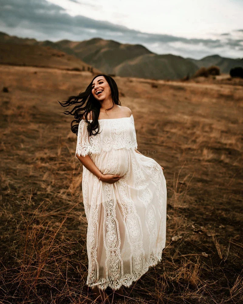 nvxiot - Maternity Photoshoot Dress Stylish Maternity Lace Maxi Dress with Off-Shoulder Design for Photography Sessions