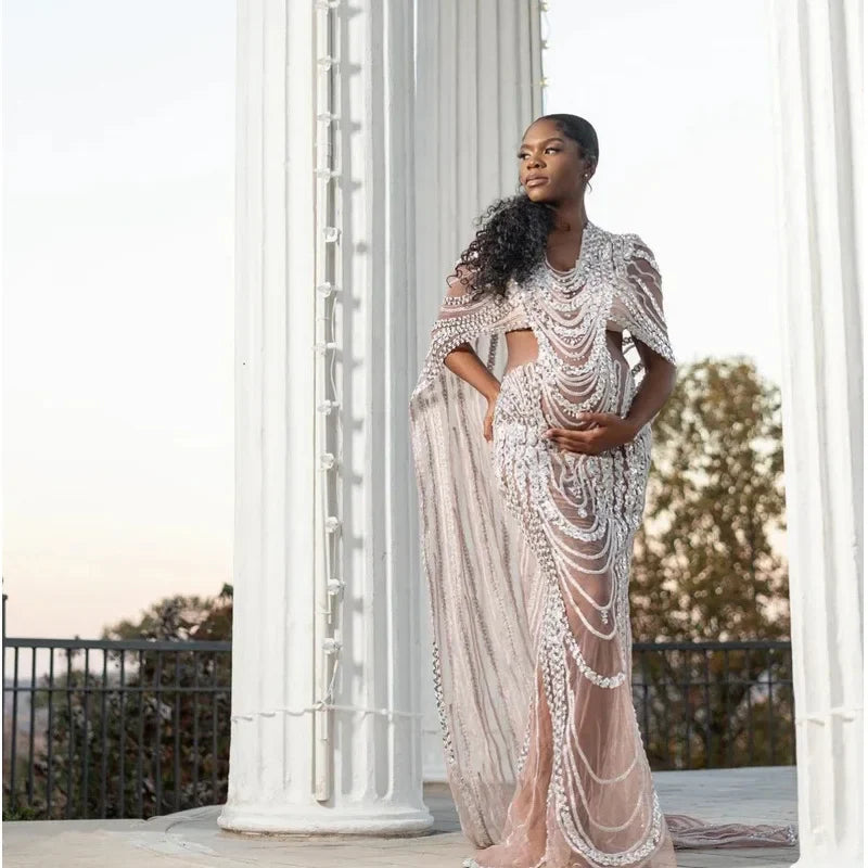 nvxiot - Maternity Photography Props Dress Pregnant Woman Photo Shoot Outfit Long Dresses Sexy Goddess Shiny Rhinestone Sequins Cape