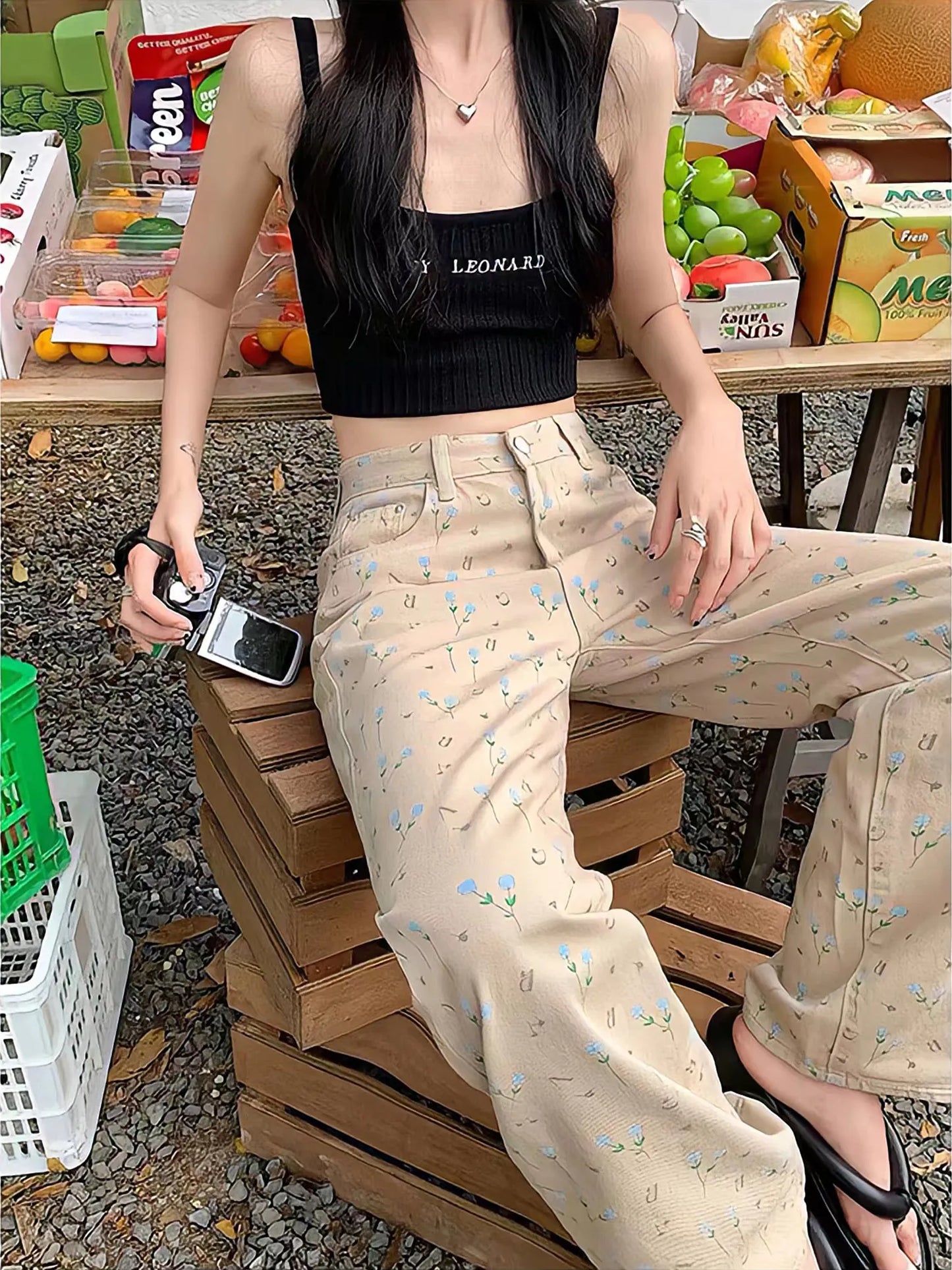 nvxiot - Plus Size Women'S Straight Jeans Small Fragmented Flower Printed Denim Pants Y2k New Wide Leg Chic Ladies Fashion Long Trouser