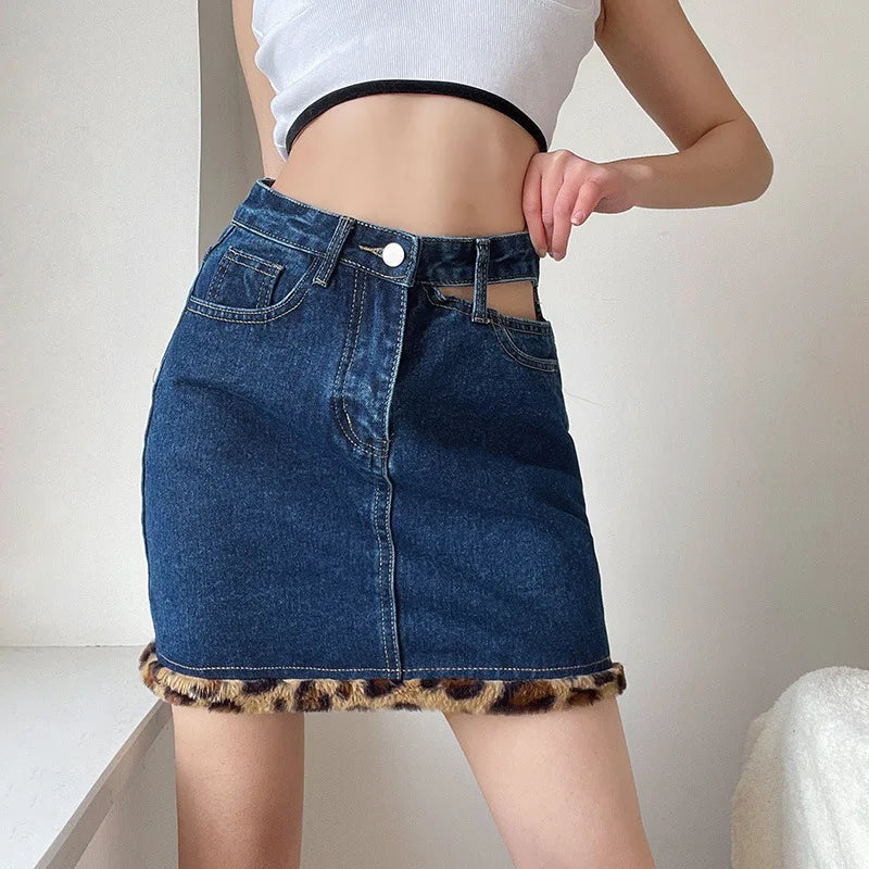 nvxiot - Fashion Blue Denim Skirt Female 2024 Leopard Print Frayed Design Sense Hollow Hole High Waist Slim Bag Hip Skirt Women Clothes