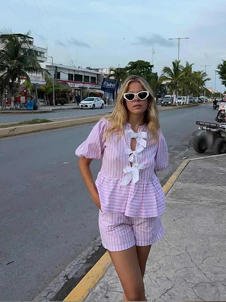 MQTIME - Casual Stripe Bow Lace Up Shirt Shorts Suit Women Short Sleeve Tops Elastic Waist Shorts Set Female 2024 Summer Vacation Outfits