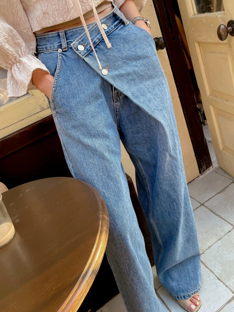 nvxiot - Women Vintage Korean Jeans Long Pants Spring Summer High Waisted Diagonal Buckle Loose Straight Leg Pants Baggy Casual Trousers