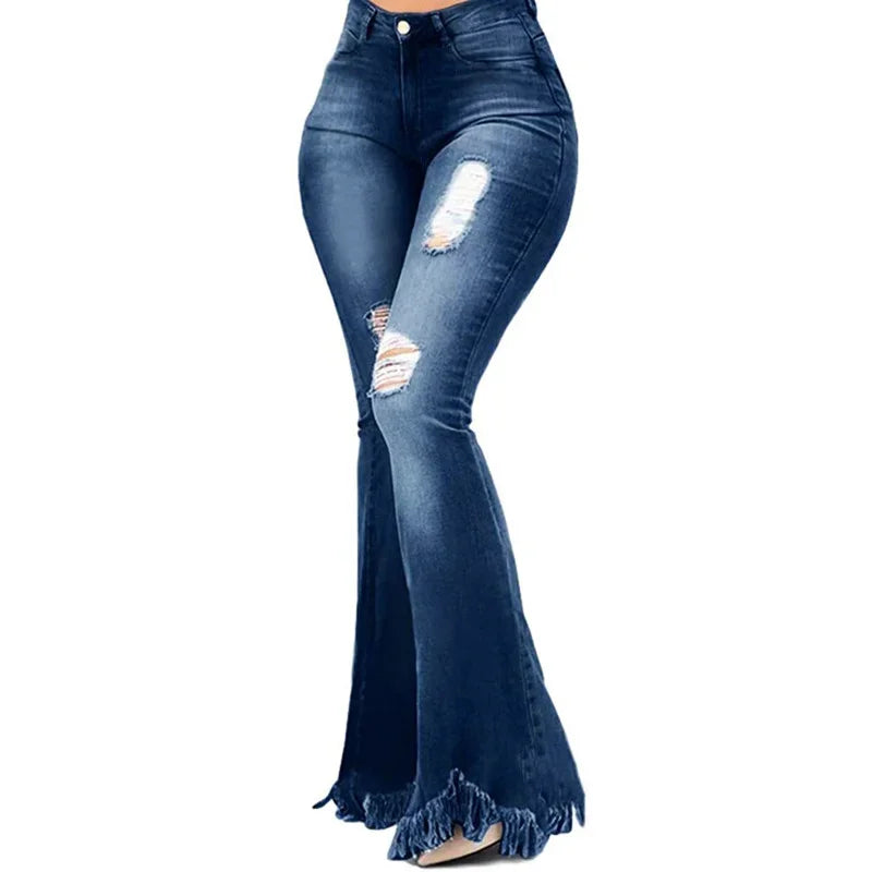 nvxiot - Women Ripped Vintage Fashion All-match Slim Pants Ladies Denim Flare Jeans Denim Skinny Female Wide Leg Hole Trousers Pop