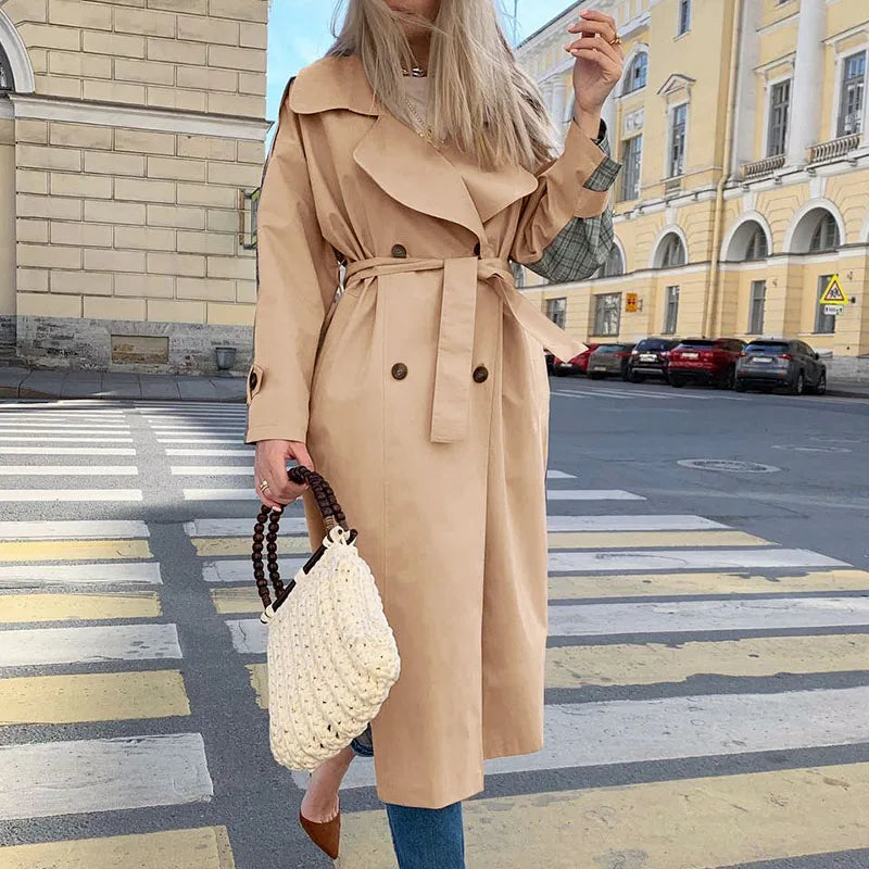 MQTIME - Fashion Causal Light Tan Autumn Winter Trench Windbreaker Split Joint Elegant Long Sleeve Coat Plaid Long Women Coat with Belt