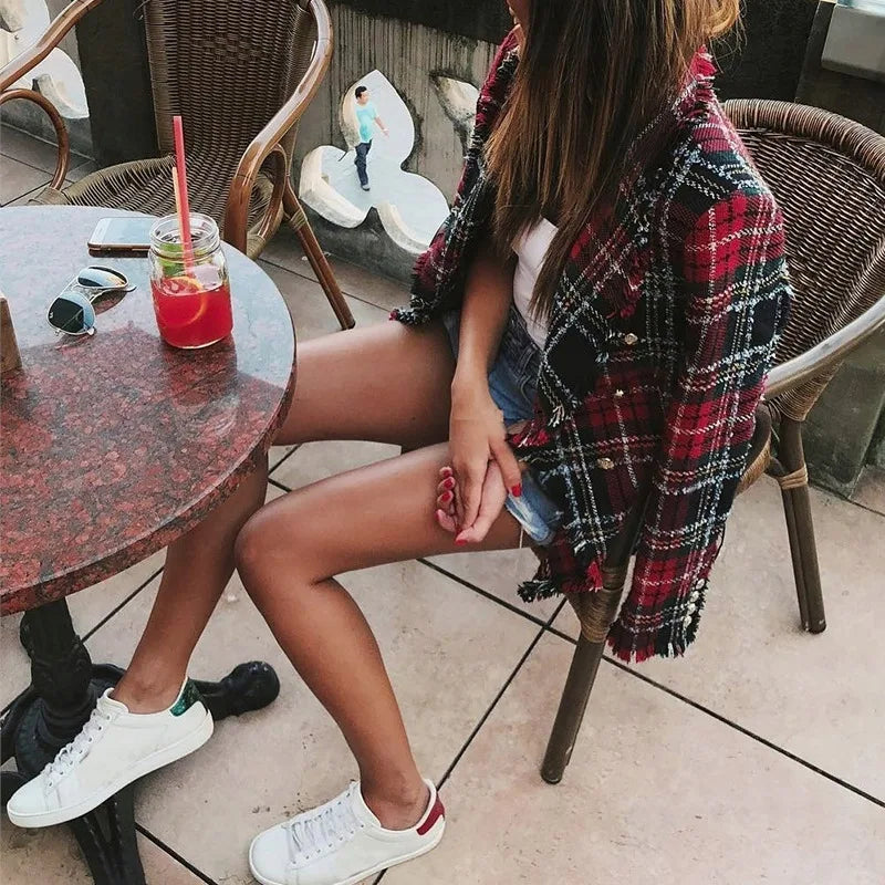 MQTIME - New Red Plaid Jacket 2024 Women Spring-Autumn Retro Tweed Suits Jackets Office Ladies Vintage Chic Slim Coats Girls Tops Coat
