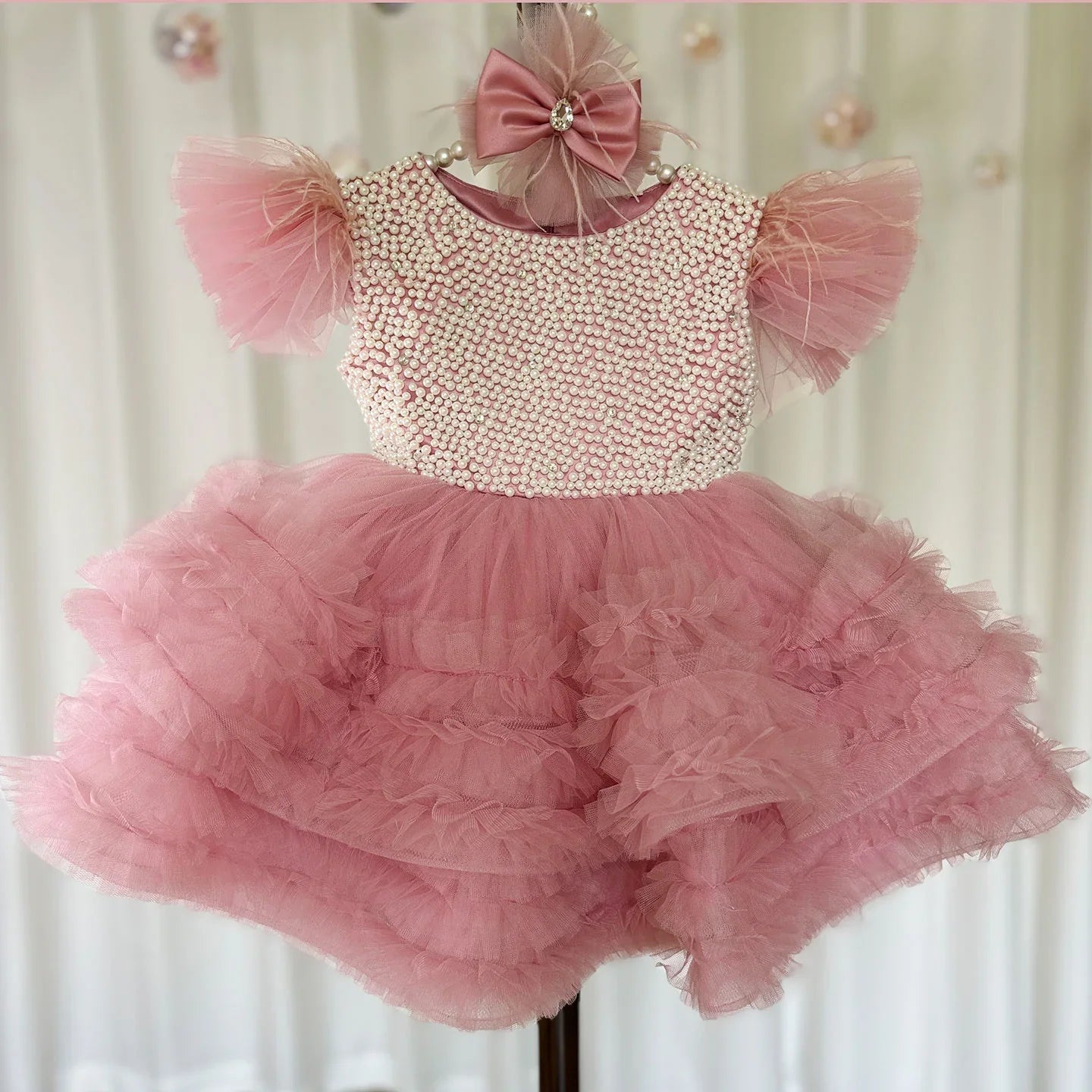 MQTIME - Gdybao Elegant Flower Girl Dress Pink Pearls Princess Baby Kids Wedding Birthday First Communion Ball Gown 2024