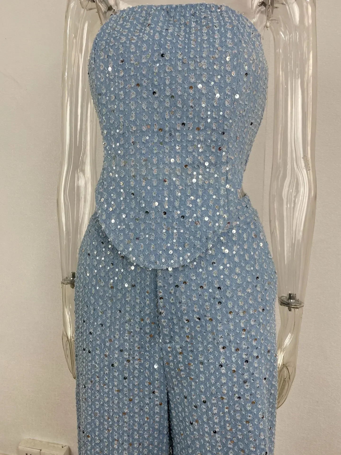 MQTIME - Fashion Sequins Denim Set Women Strapless Tunic Waist Crop Top and Wide Leg Pant Suit 2024 New 2 Piece Sets Outfits Tracksuit