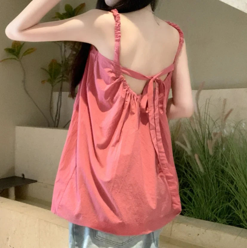 nvxiot - 2024 Summer Dopamine Versatile Slimming Tank Top Bow Top with One Line Neck Beach Style Long Top Sweet Girl Style