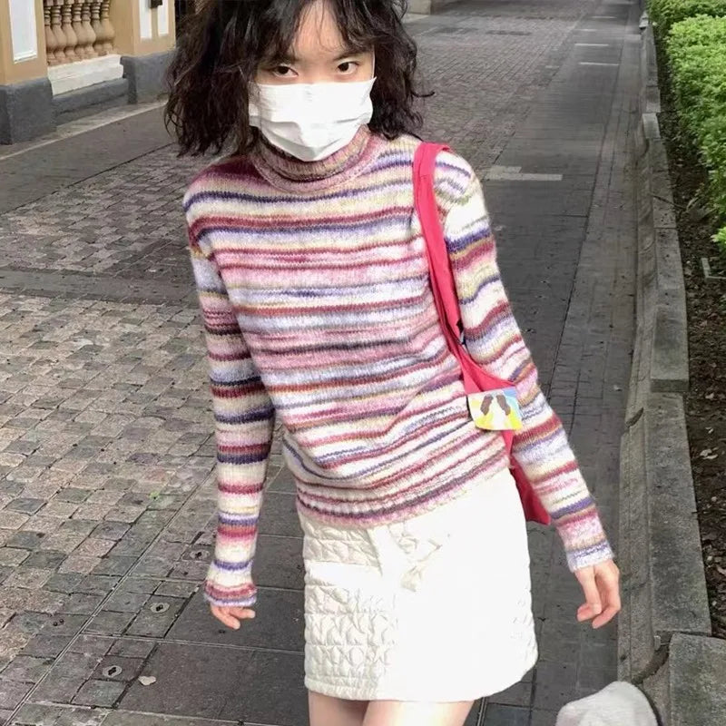 nvxiot - Japanese Y2k Turtleneck Sweater Vintage Rainbow Striped Pullover Korean Fashion Knitted Jumper Harajuku Grunge Knitwear