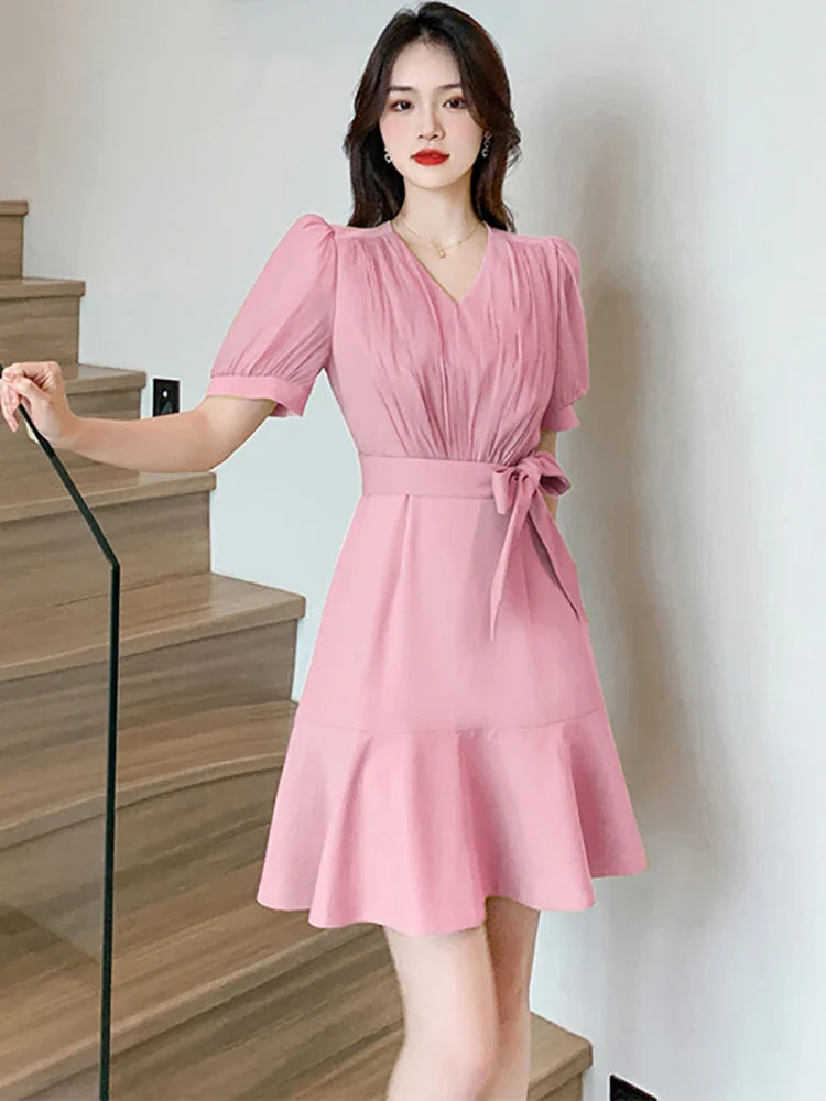 MQTIME - Summer Pink Short Sleeve V-Neck Mini Dress Women Green Elegant Chic Ruffled Mermaid Dress 2024 Solid Bodycon Party Evening Dress