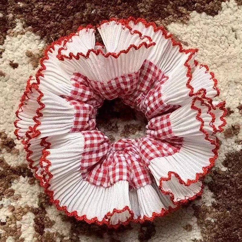 nvxiot - Retro Korean Flower Lace Scrunchies Four Layer Women Girls Exquisite Elastics Plaid Large Intestine Hair Holder Sweet INS Access