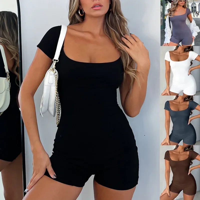 MQTIME - 2024 Women Short Jumpsuit Young Girl Harajuku Short Sleeve Square Neck Solid Slim Fit Summer Playsuit for Daily Party Y2k YDL37