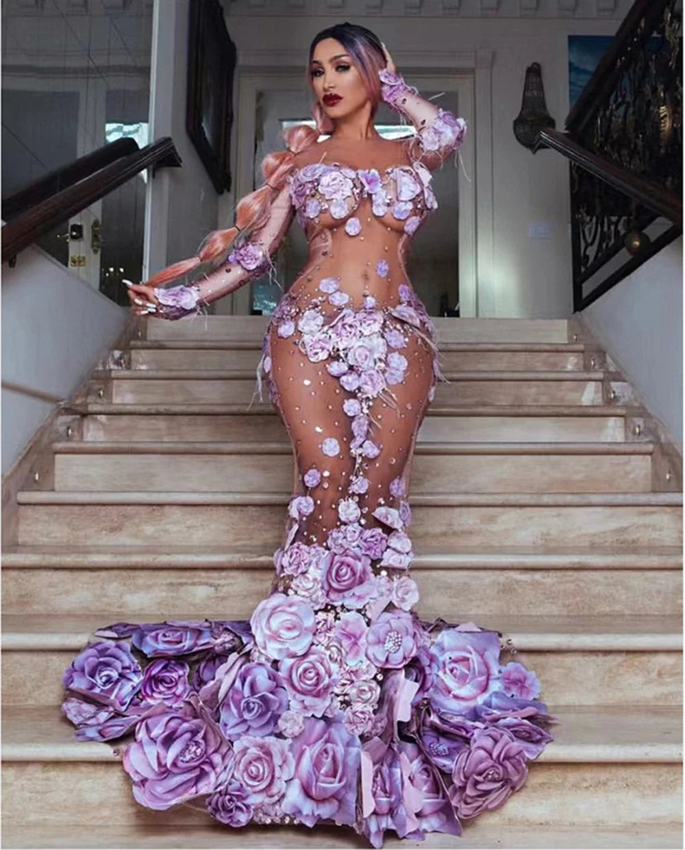 nvxiot - New 2024 Shiny Diamonds Romantic Pink Rose Elegant Maxi Maternity Dress Photoshoot Sexy Dress