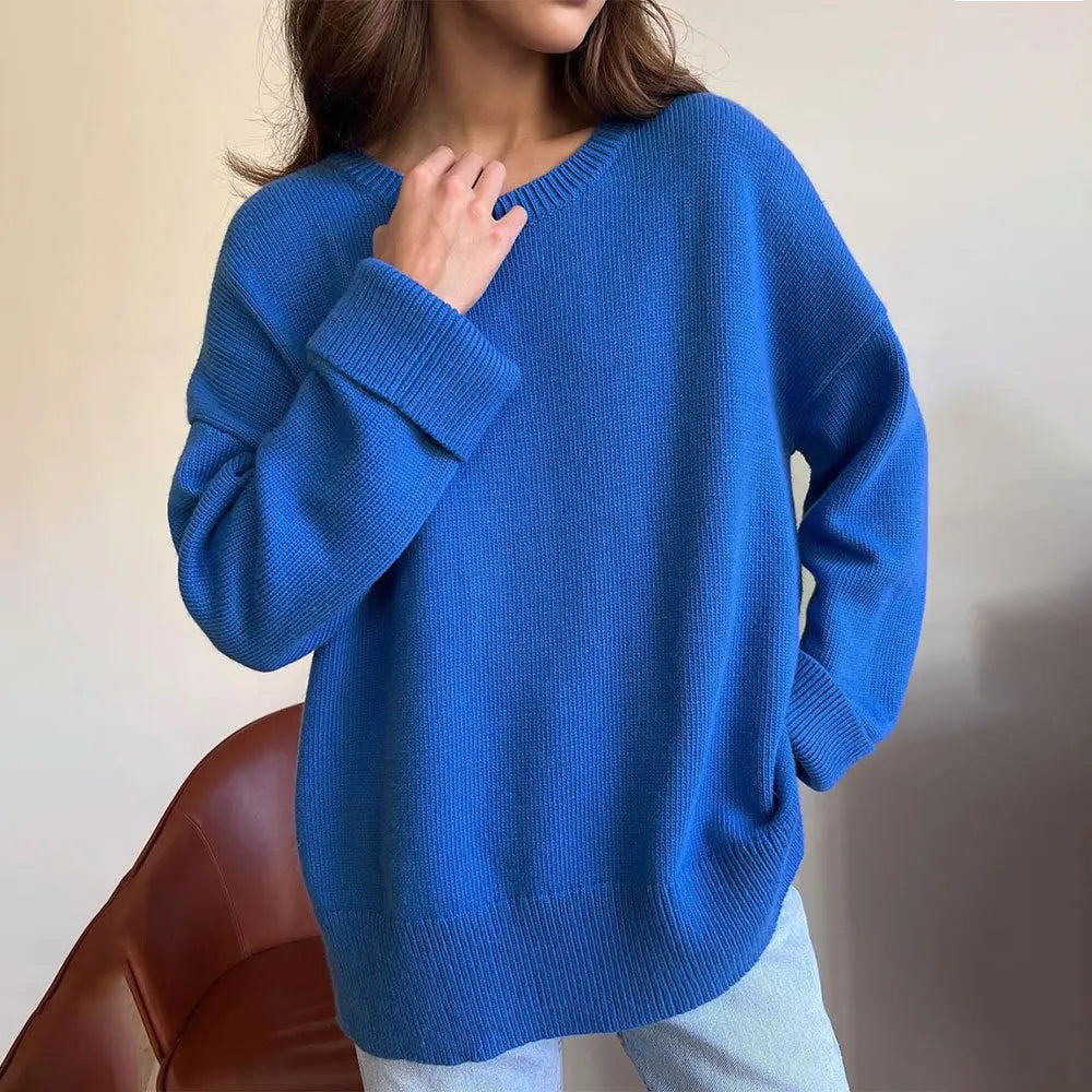 nvxiot Blue Basical O-Neck Slit Sweater Knitwear Women Autumn Long Sleeve Knitted Pullovers Loose-fit Casual Jumpers Clothing
