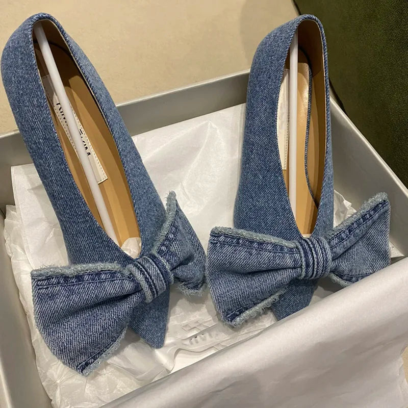 nvxiot - New Designer Blue jeans bow flat shoes woman cloth patchwork flats sewing Pointed large bow denim loafers for women