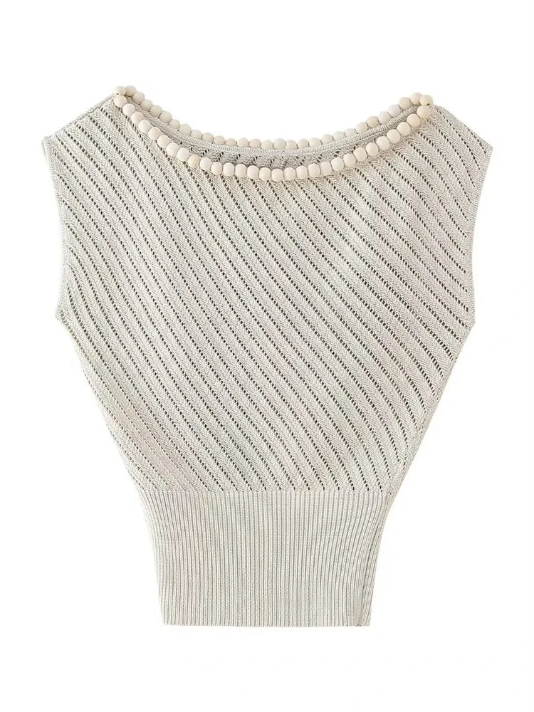 MQTIME - women's 2024 summer new simple temperament round neck sleeveless oblique pleated top 3920/023