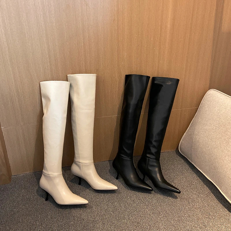 MQTIME - new Autumn Women knee high boots natural leather 22-25cm cowhide+pigskin modern boots pointed toe Retro Elastic boots