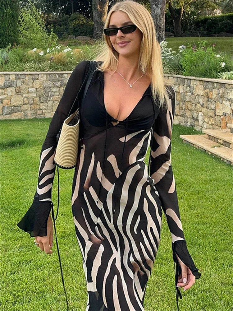 nvxiot - Fall Outfits 2024 Striped Printed Mesh Long Dress For Women See-Through V-Neck Patchwork Contrast High Waist Dress Female Lace-Up Maxi Dress