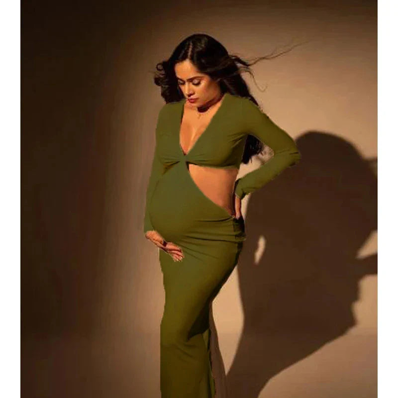 MQTIME - NEW Long Sleeve Bodycon Maternity Maxi Stretchy Dress Perfect For Baby Boy Shower Pregnancy Elastic Gown For Photo Shoots