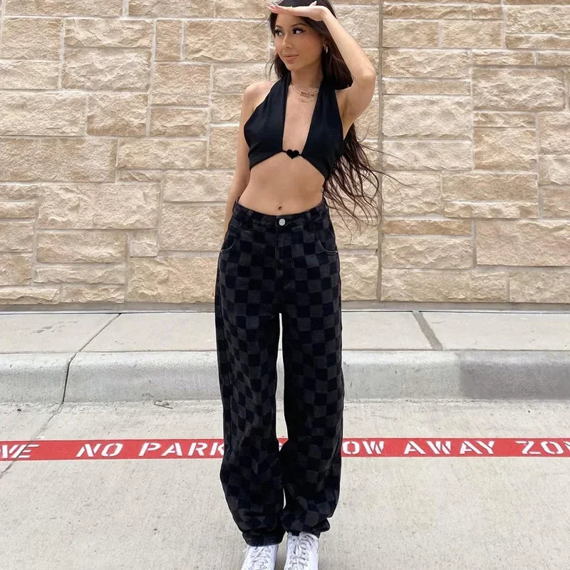 nvxiot - Plaid Punk Gothic Grunge Pants Hip Hop Wide Leg High Waist Women Trouser Black Loose Fashion Streetwear E Girl Pants Autumn