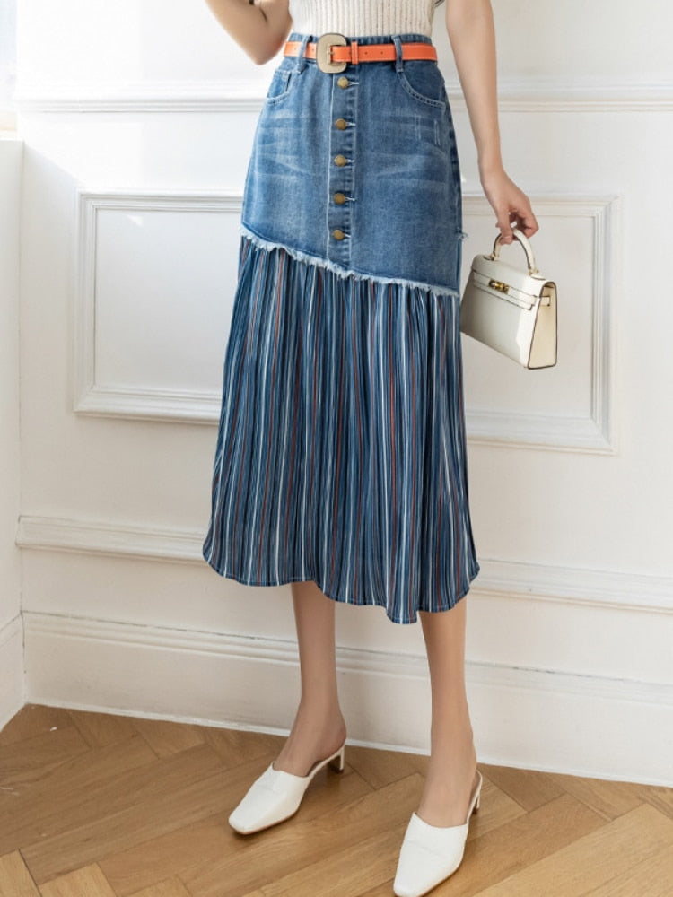 nvxiot Denim Skirt Summer Patchwork Pleated Jeans Skirt Women High Waist Vintage Elegant Korean Fashion Clothing Oversize A-LINE Button
