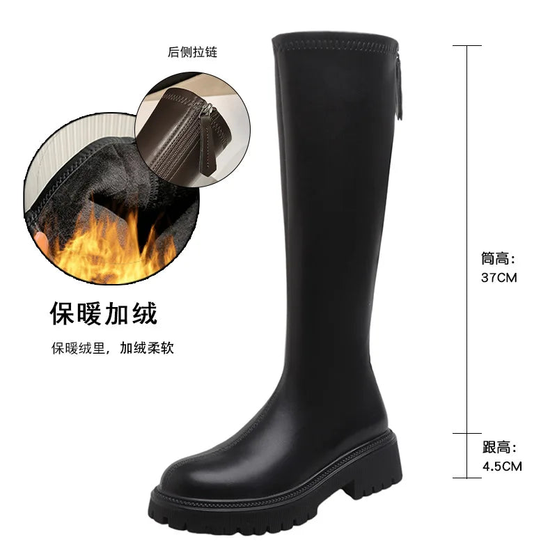 nvxiot - Women's Long Boots Autumn/Winter Thick Sole Round Toe Fashion Versatile Inner Heightening British Brown Knight Boots Women