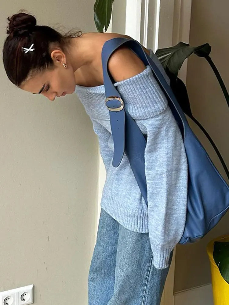 nvxiot Elegant Blue Women Casual Slash Neck Knit Jumper Autumn Chic Casual Long Sleeve Loose Pullover Sweater Lady Office Party Outwear