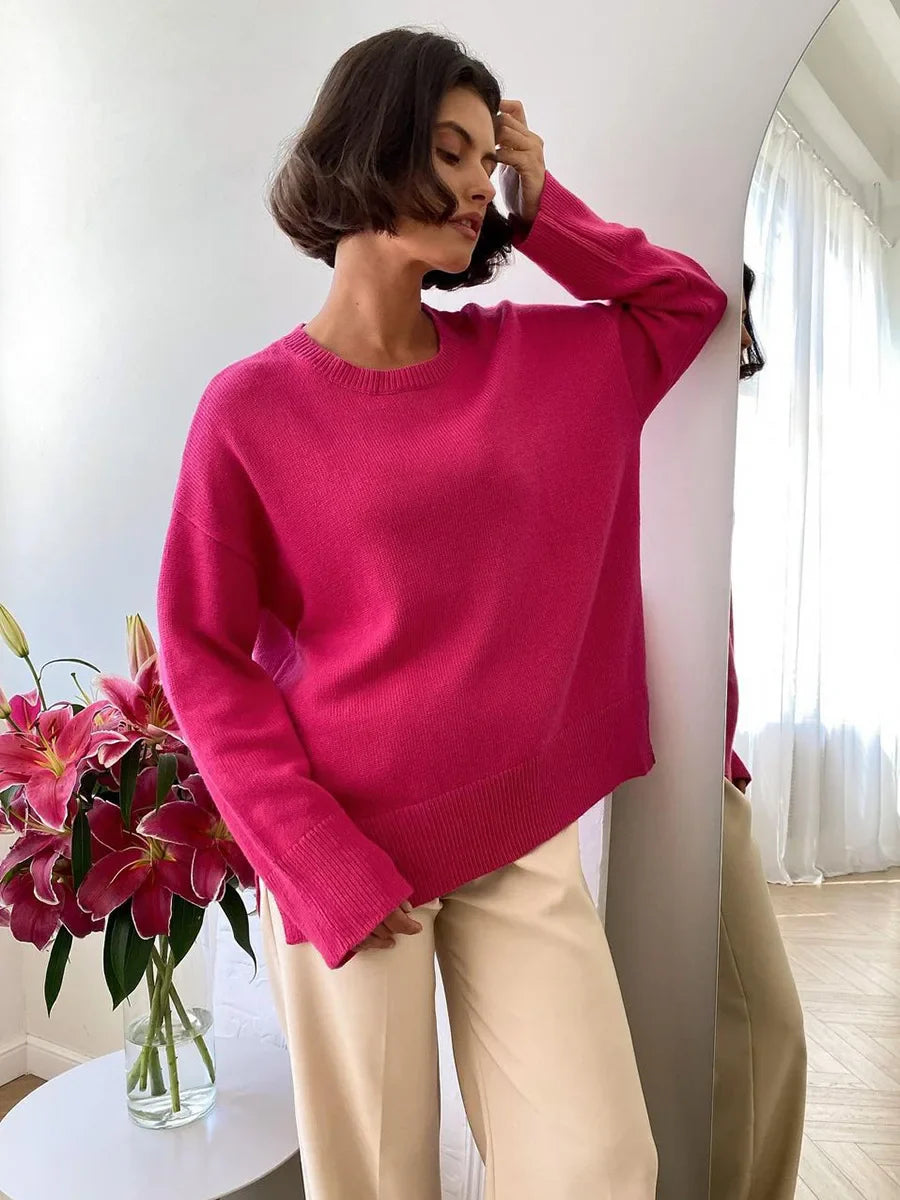 nvxiot Blue Basical O-Neck Slit Sweater Knitwear Women Autumn Long Sleeve Knitted Pullovers Loose-fit Casual Jumpers Clothing