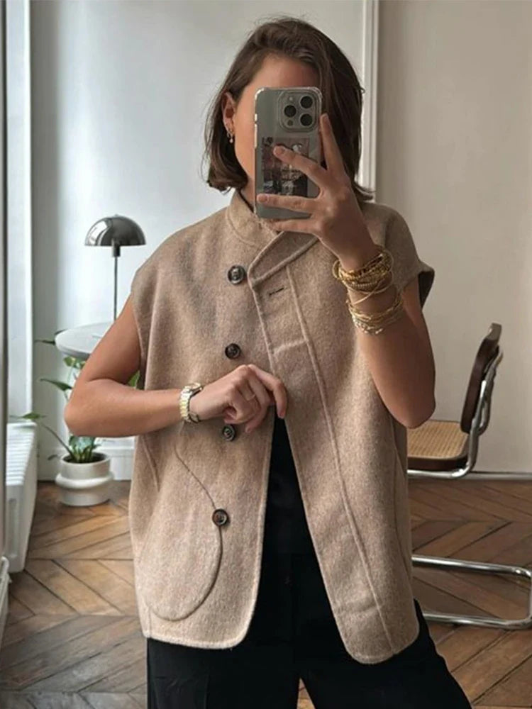 MQTIME - Vintage Single Breasted Vest for Women Spring Autumn Loose Sleeveless O-neck Pockets Waistcoat Jacket Female Fashion Streetwear