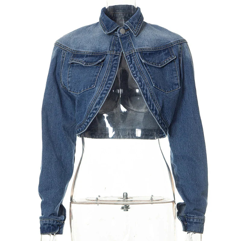 nvxiot - Women Jeans Cardigan Turn Down Collar Long Sleeve Pockets Single Button Short Denim Jackets Crop Tops Female Casual Coats