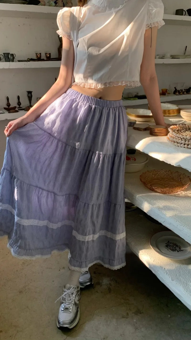 MQTIME - Elastic Waist Cotton Plaid Skirt with White Lace Hem Midi Long Skirts Women Summer #e-girl fairycore 2000s aesthetic korean cute