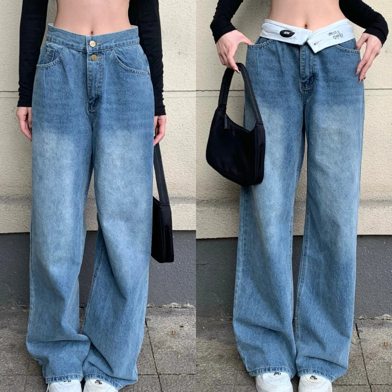 nvxiot Korean Letter Printed Loose Y2K Casual Jeans Women Spring New High Waist Flap Fashion All-match Wide Leg Pants