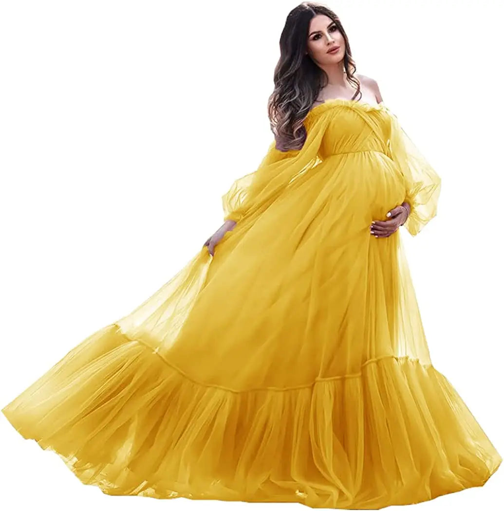 nvxiot - Puffy Sleeve Maternity Dress Tulle Robe With Underskirt for Photoshoot Off Shoulder Pregnancy Baby Shower Gown