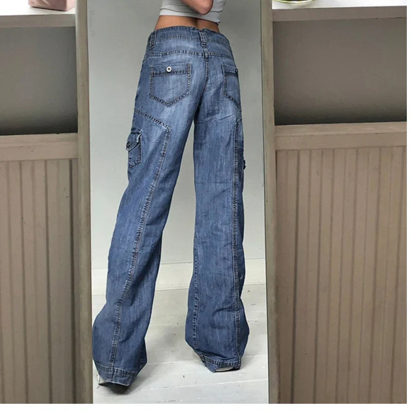 nvxiot Jeans for women high-waisted straight casual pants irregular pocket cargo pants mopping women's retro denim wide-leg trousers