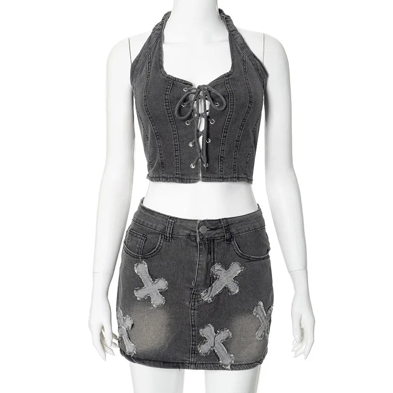nvxiot - Tassel Cross Embroidery Denim Two Piece Set Women Summer Grommet Lace Up Halter Backless Tank Crop Tops + Mini Skirts Jeans Suit